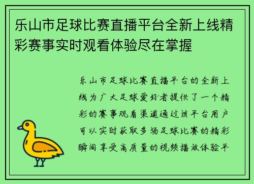 乐山市足球比赛直播平台全新上线精彩赛事实时观看体验尽在掌握